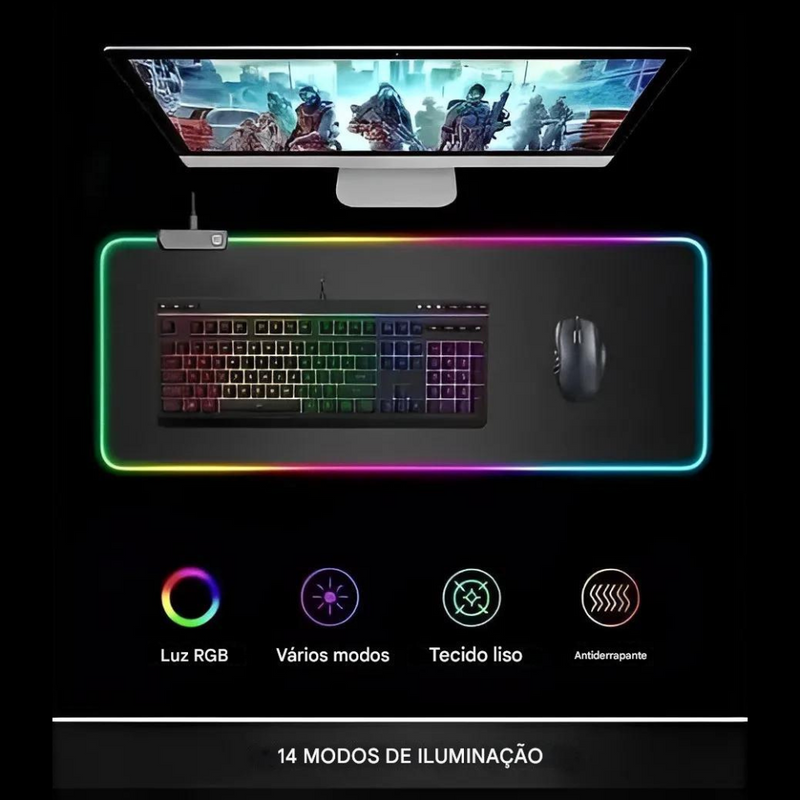 Mouse Pad Gamer Iluminado Rgb Led 80x30cm Preto